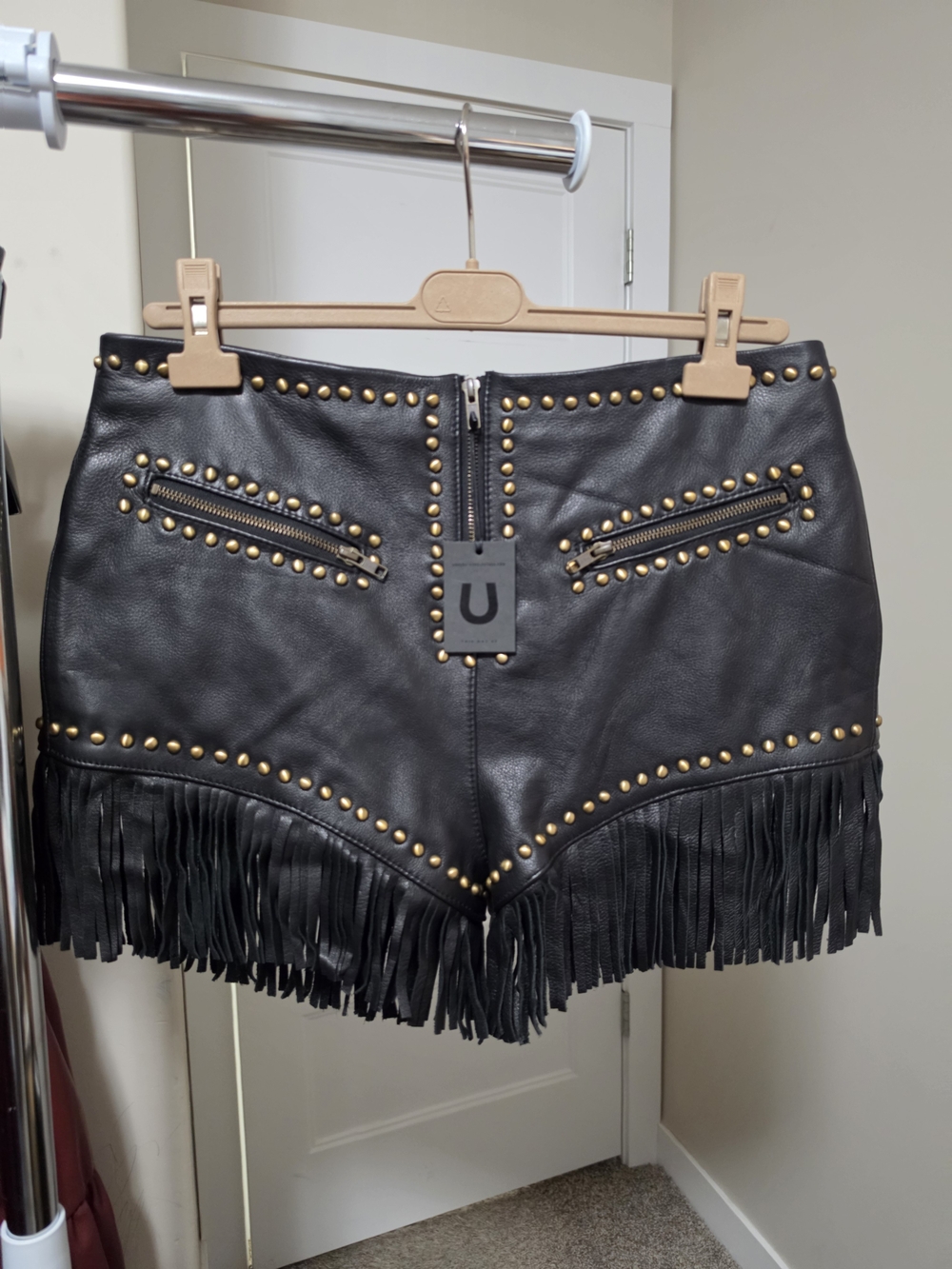 Black Studded Fringe Women's Leather Shorts
